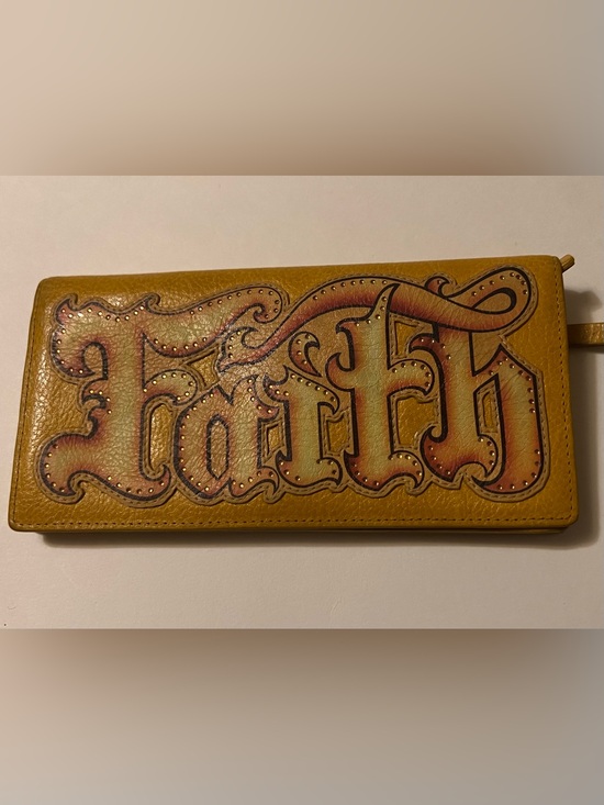 Isabella Fiore Handbags - Isabella Fiore - “FAITH” 
Graphic Script Leather Wallet in Mustard Yellow